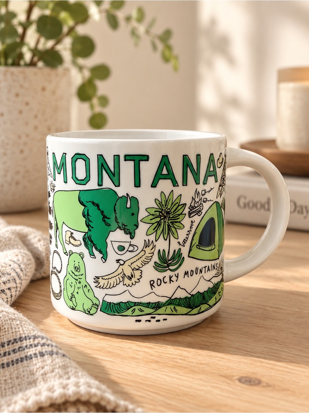 Starbucks Montana Mug Rocky Mountains Bison Bear Camping Green Ceramic